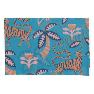 Retro tiger, palm tree, flower pattern pillowcase