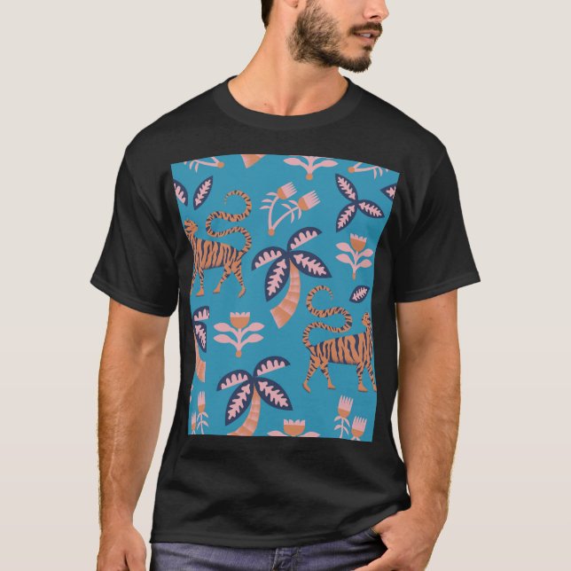 Retro tiger, palm tree, flower pattern T-Shirt (Front)