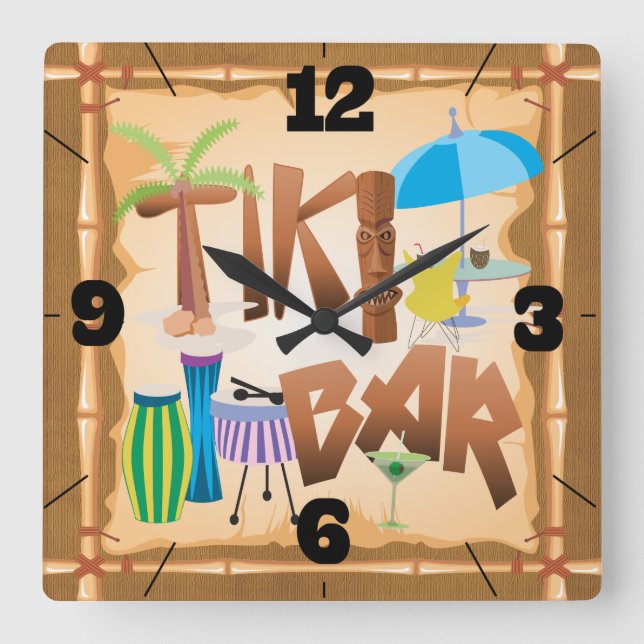 Retro Tiki Bar Square Wall Clock (Front)