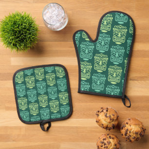 Retro Tiki Beach Bar Pattern Oven Mitt & Pot Holder Set