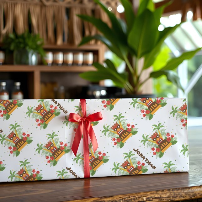Retro Tiki Hawaiian Vintage Flowers Palm Tree Name Tissue Paper (Personalized Tiki tissue paper with vintage Hawaiian design for fun, tropical gifts!)