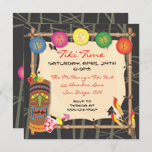 Retro Tiki party invitation with bamboo frame (Front/Back)