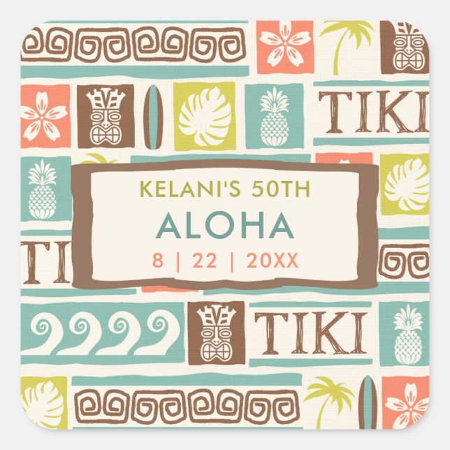 Retro Tiki Party Tropical Aloha Birthday Square Sticker (Front)