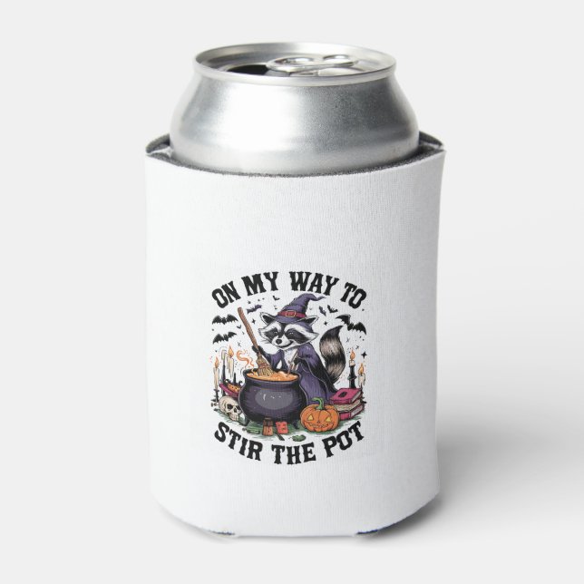 Retro Time To Stir The Pot Funny Raccoon Witch Hal Can Cooler (Can Front)