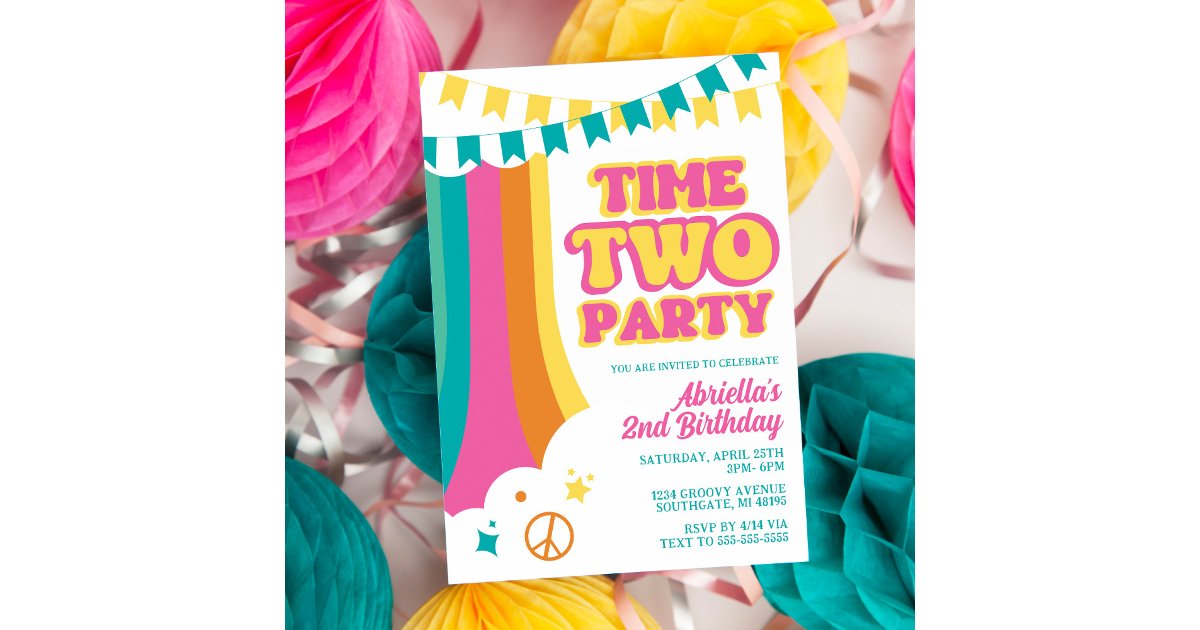 Two Parts Invitation Retro Time Two Party 2nd Birthday Invitation | Zazzle