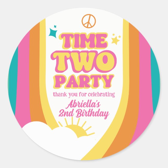 Retro Time Two Party 2nd Birthday Sticker (Front)