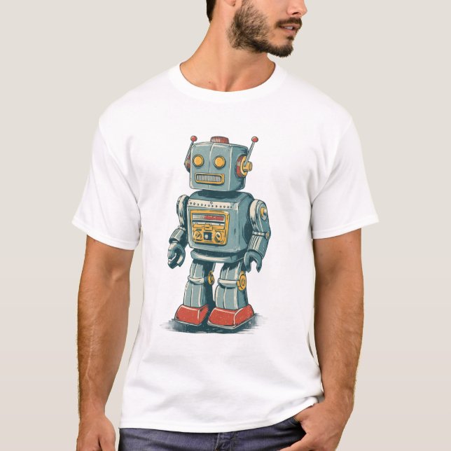 Retro Tin Robot — 1950s Cartoon Mech with Red Boot T-Shirt (Front)