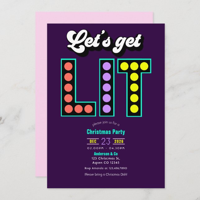 Retro Tinsel Let's Get Lit Retro Christmas Party Invitation (Front/Back)