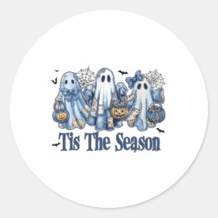 Retro Tis The Season Blue Patchwork Ghost Girl Wom Classic Round Sticker