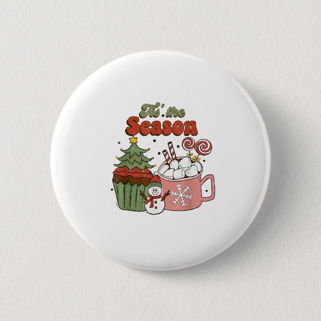 Retro Tis The Season Christmas Tree Coffee Snowman 6 Cm Round Badge (Front)