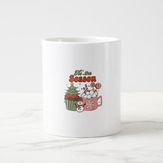 Retro Tis The Season Christmas Tree Coffee Snowman Large Coffee Mug (Front)