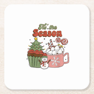 Retro Tis The Season Christmas Tree Coffee Snowman Square Paper Coaster