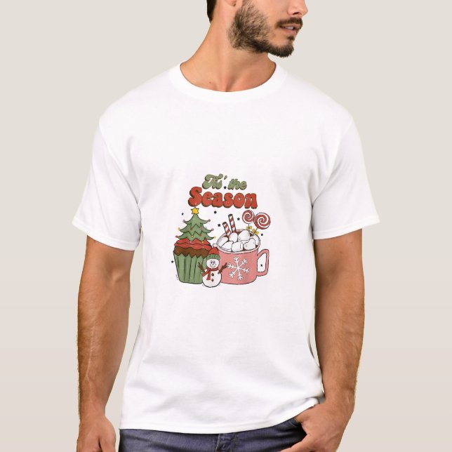 Retro Tis The Season Christmas Tree Coffee Snowman T-Shirt (Front)