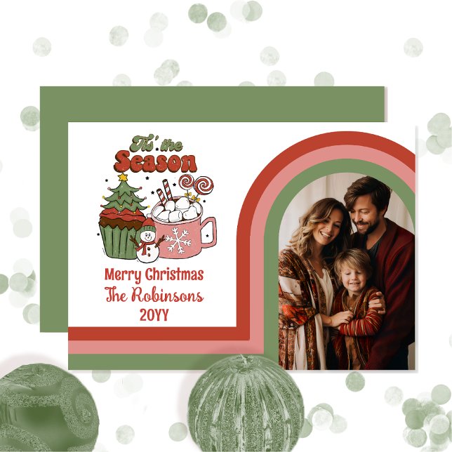 Retro Tis the Season Merry Christmas Family Photo Holiday Card (Retro Tis the Season Merry Christmas Arched Family Photo Holiday Card)