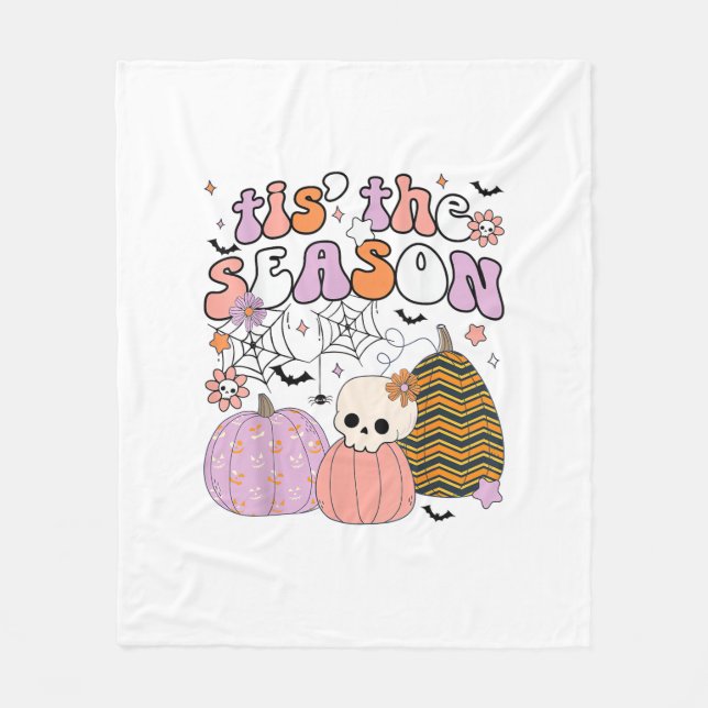 Retro Tis The Season Pumpkin Halloween Skull Spook Fleece Blanket (Front)