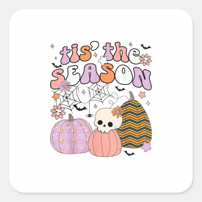 Retro Tis The Season Pumpkin Halloween Skull Spook Square Sticker (Front)