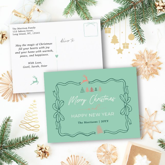 Retro Tones: Bow & Trees Doodles Holiday Postcard (Retro Tones: Bow & Trees Doodles Holiday Postcard)
