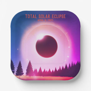 Retro Total solar eclipse April 8, 2024 landscape Paper Plate