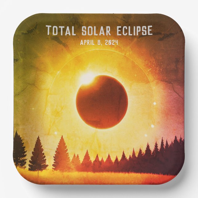 Retro Total solar eclipse April 8, 2024 landscape Paper Plate (Front)