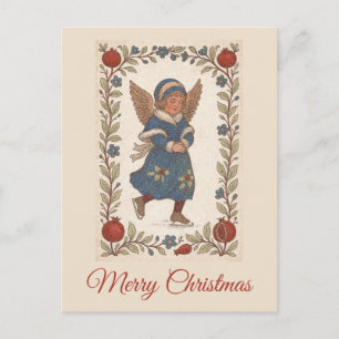 Retro traditional Christmas skating Angel floral Holiday Postcard