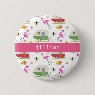 Retro Trailer & Flamingos Pattern 6 Cm Round Badge