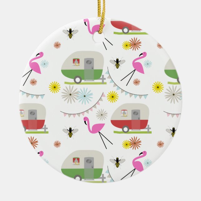Retro Trailer & Flamingos Pattern Ceramic Tree Decoration (Front)