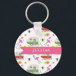 Retro Trailer & Flamingos Pattern Key Ring<br><div class="desc">This product features a pattern which incorporates illustrations of retro vintage inspired camper trailers,  pink flamingos,  bees,  and flowers.</div>