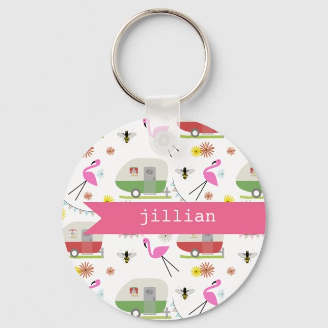 Retro Trailer & Flamingos Pattern Key Ring (Front)