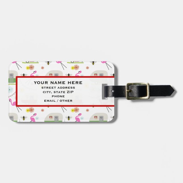 Retro Trailer & Flamingos Pattern Luggage Tag (Front Horizontal)