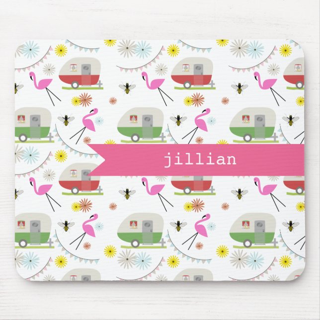 Retro Trailer & Flamingos Pattern Mouse Mat (Front)