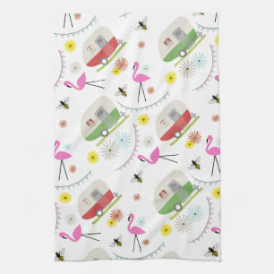 Retro Trailer & Flamingos Pattern Tea Towel