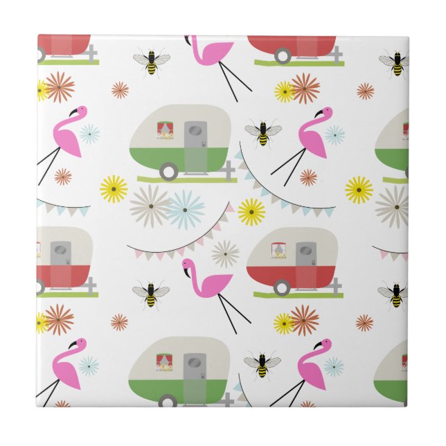Retro Trailer & Flamingos Pattern Tile (Front)