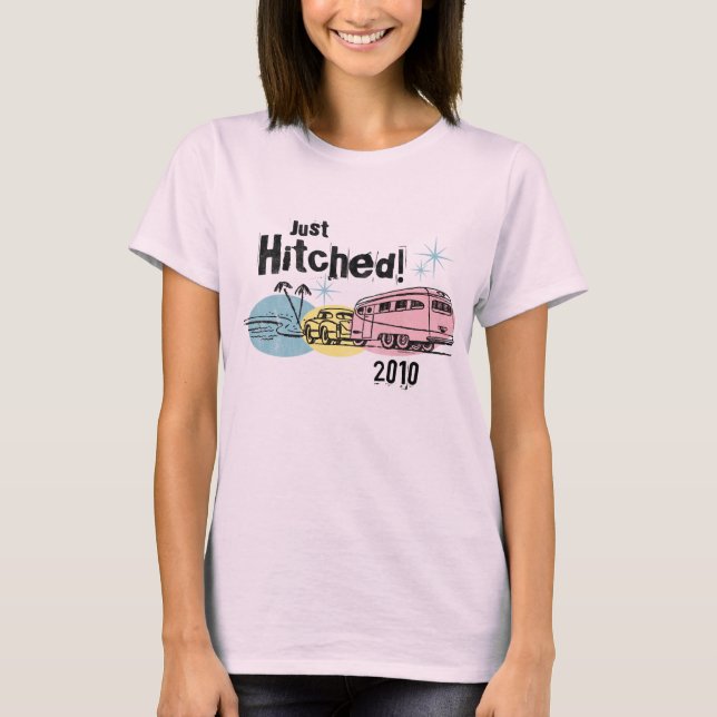 Retro Trailer Just Hitched Personalised T-Shirt (Front)