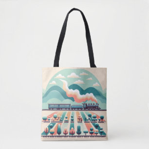 Retro Train Journey Through Surreal Landscapes Tote Bag