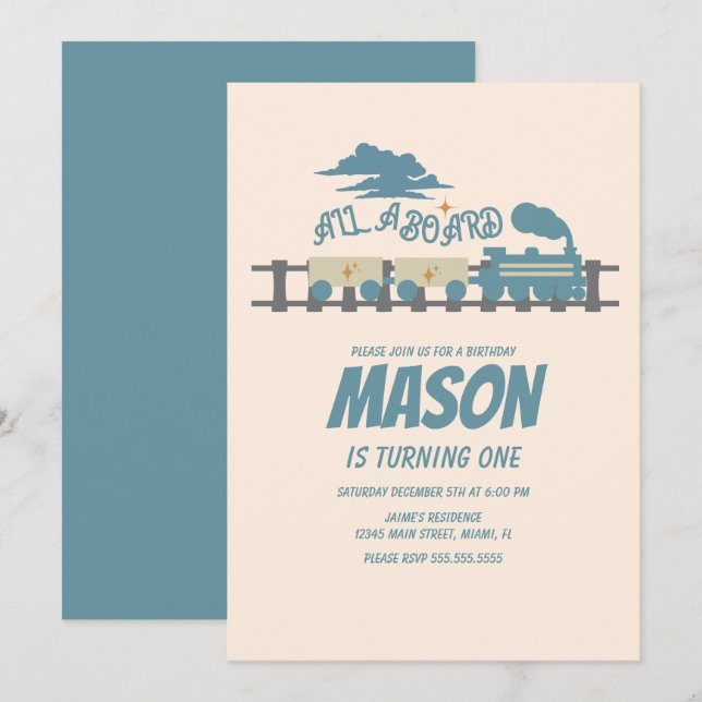 Retro Train Kids Birthday Party Earthy Invitation (Front/Back)