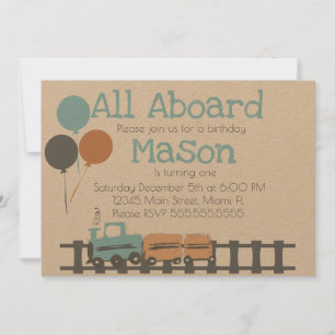 Retro Train Kids First Birthday Party Earthy Invitation