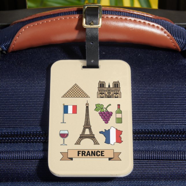 Retro Travel France Iconic National Symbols  Luggage Tag (Front Insitu 2)