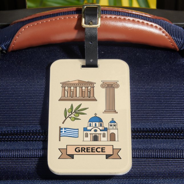 Retro Travel Greece Iconic National Symbols Luggage Tag (Front Insitu 2)