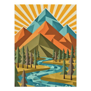 Retro Travel Poster Burnt Orange Olive Teal