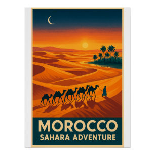 Retro Travel  – Sahara Desert Sunset, Morocco Poster