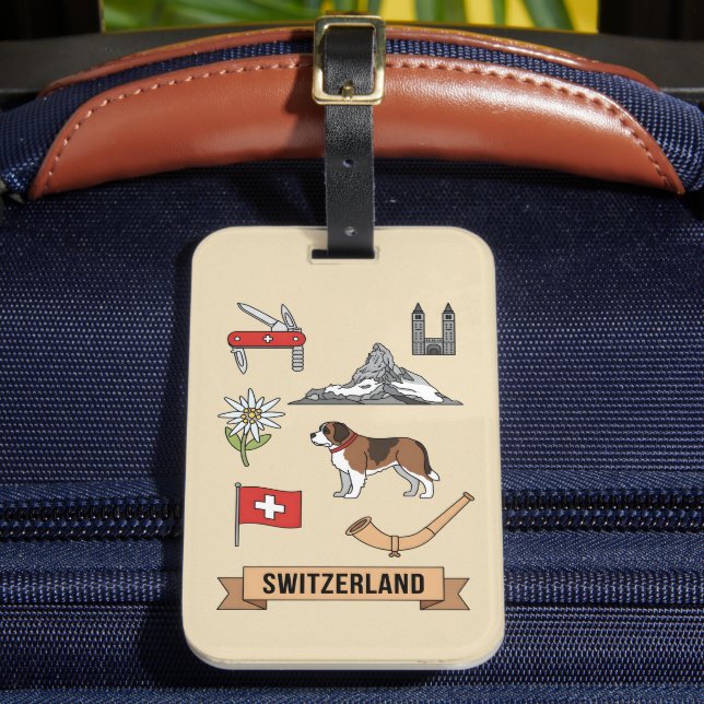 Retro Travel Switzerland Iconic National Symbols Luggage Tag (Front Insitu 2)