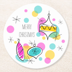 Retro Tree Baubles Christmas coaster round