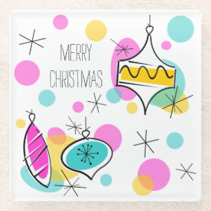 Retro Tree Baubles Christmas glass Coaster