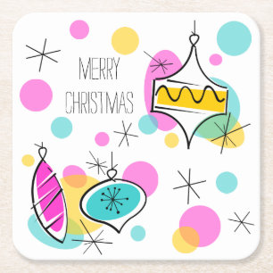 Retro Tree Baubles Christmas square Paper Coaster