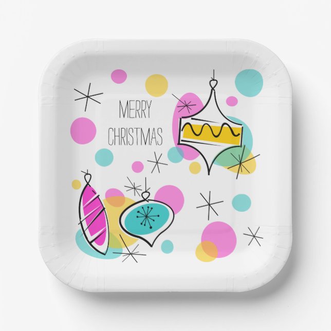 Retro Tree Baubles Christmas square Paper Plate (Front)