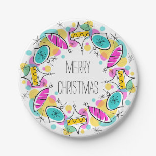 Retro Tree Baubles Circle Christmas paper plates