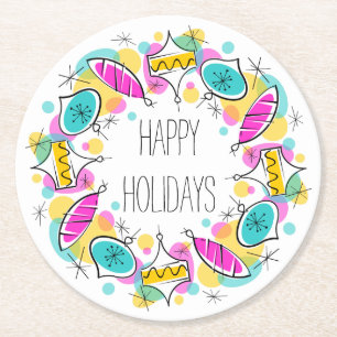 Retro Tree Baubles Circle Holidays coaster round