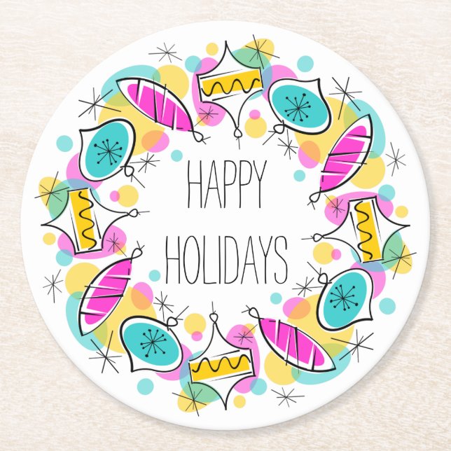 Retro Tree Baubles Circle Holidays coaster round (Front)