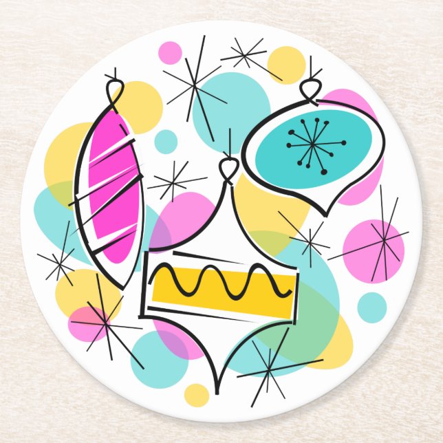 Retro Tree Baubles coaster round (Front)