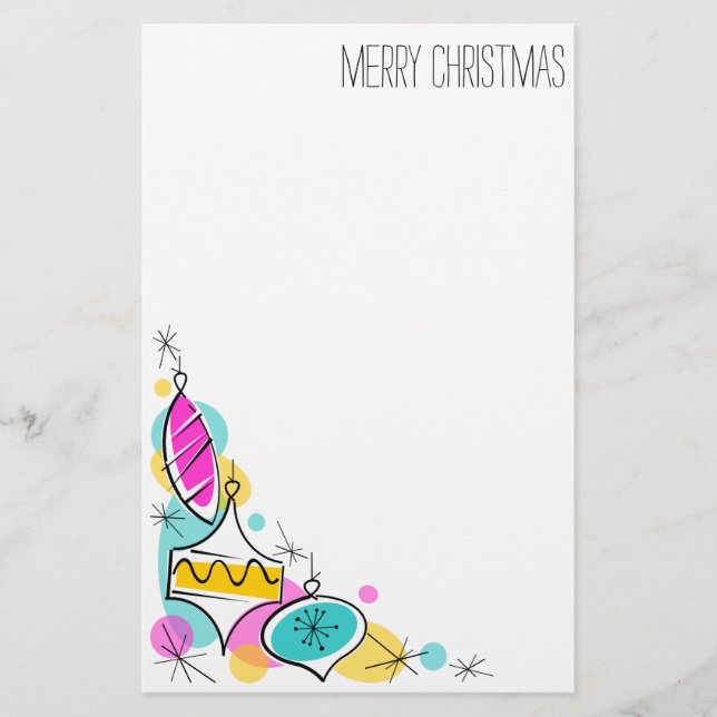 Retro Tree Baubles Corner Christmas stationery (Front)